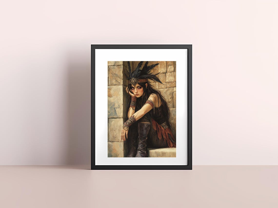 Fantasy Warrior Woman with a Feathered Headdress on Stone Steps Poster