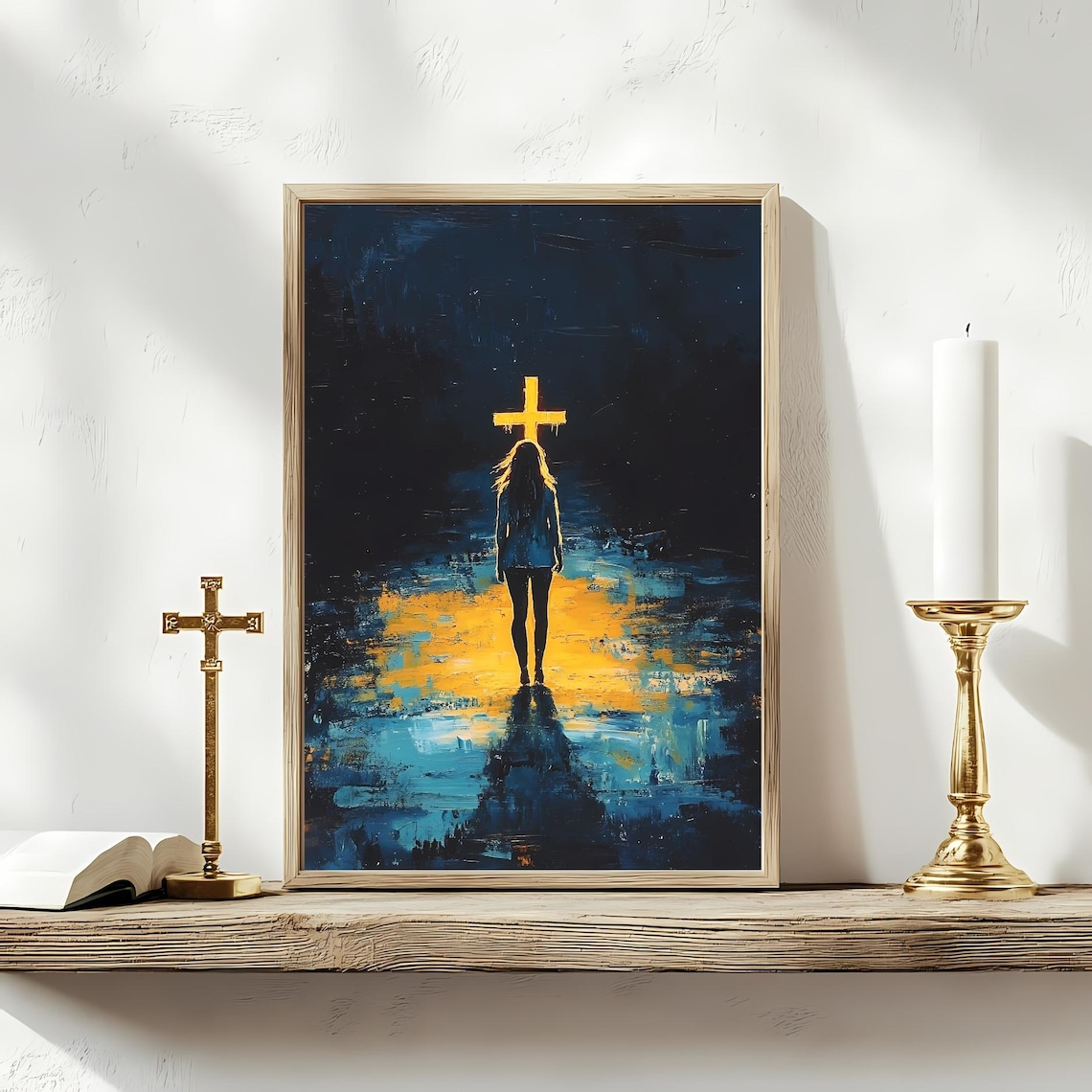 Woman Walking To Glowing Cross Night Christian Faith Art Print