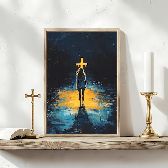 Woman Walking To Glowing Cross Night Christian Faith Art Print