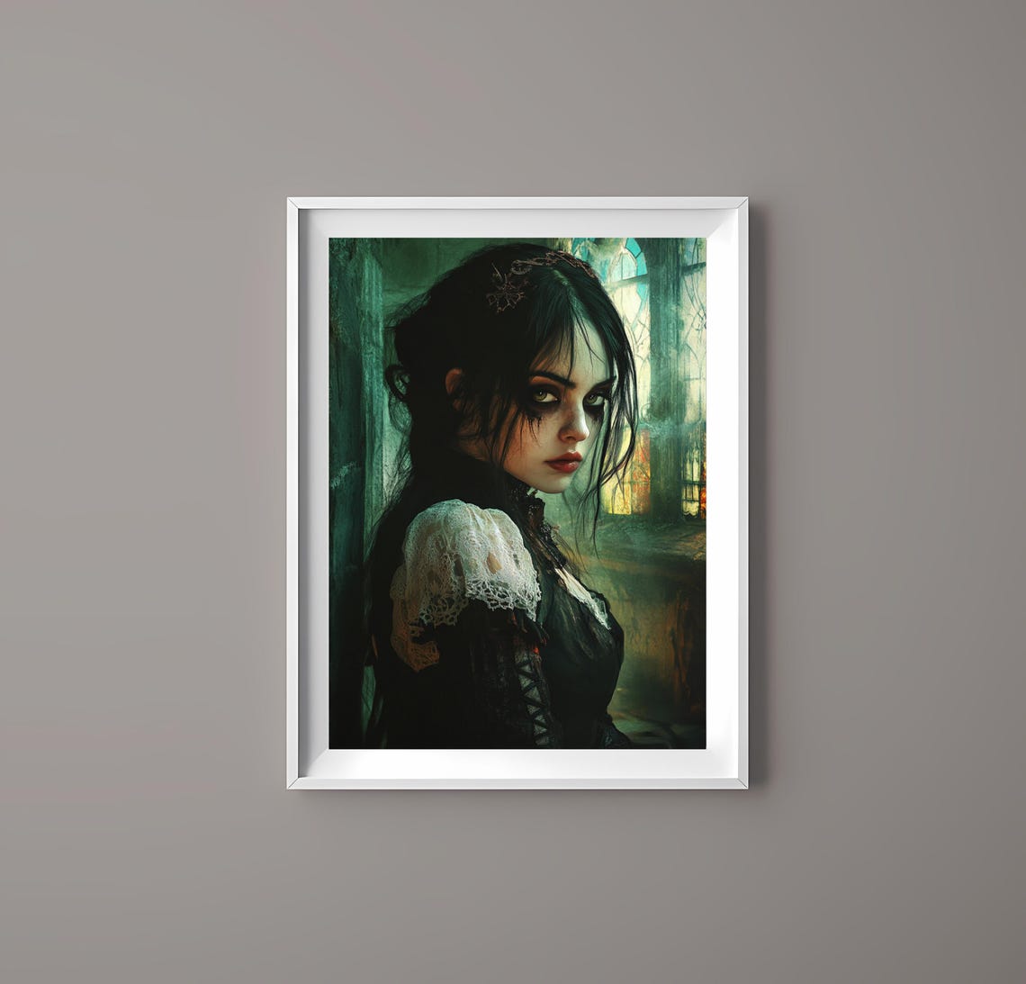 Gothic Portrait Art Mysterious Woman With Lace Detail Dark Fantasy Wall Art - Image 3