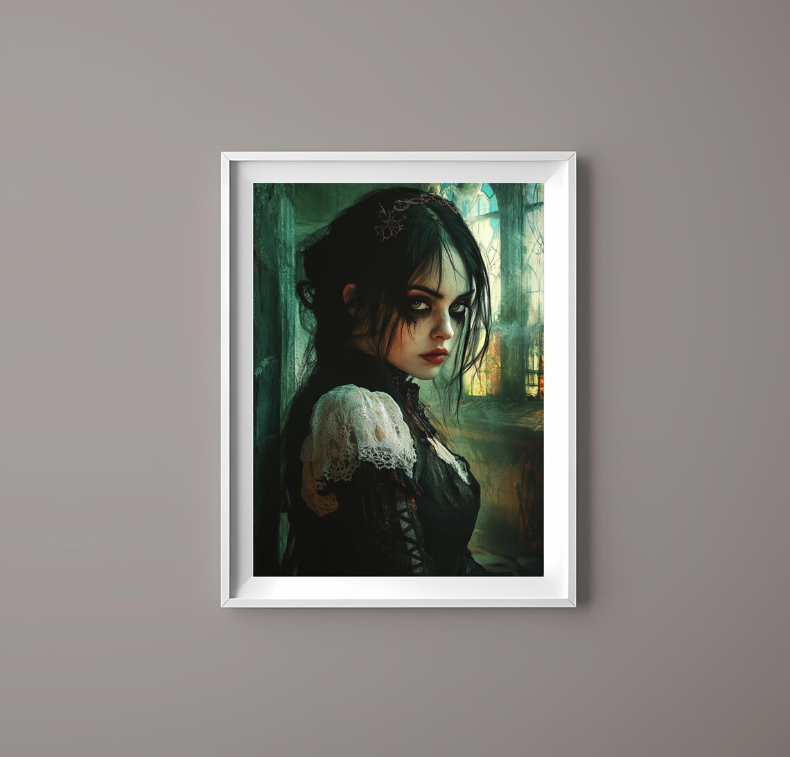 Mysterious Gothic Woman Lace Dress Dark Moody Portrait Art Poster - Image 3