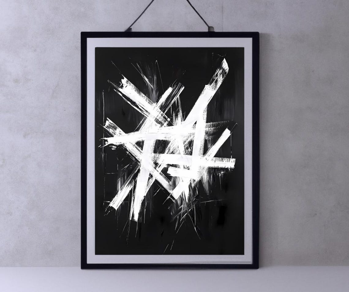 Bold White Brush Strokes On Black Modern Abstract Art Poster