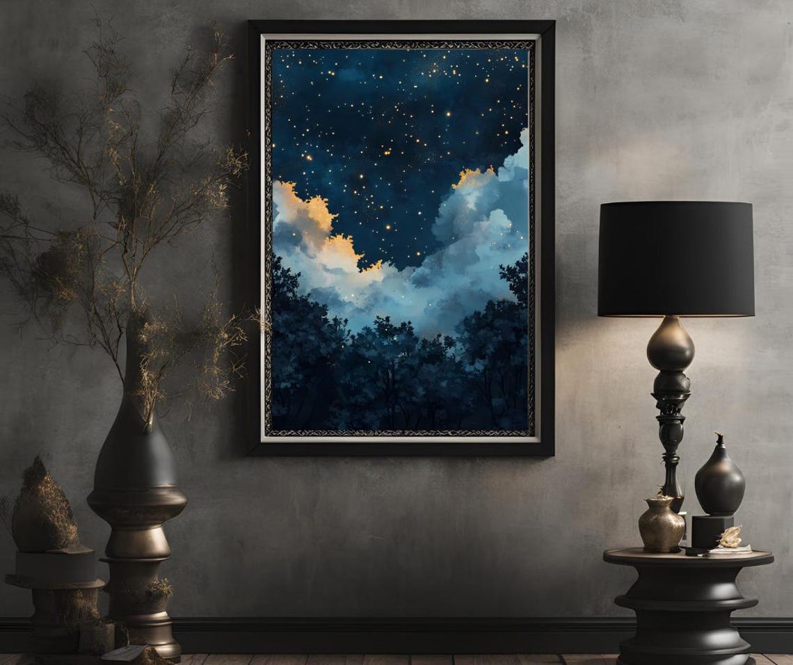 Starry Night Sky Above Dark Treeline With Golden Clouds Poster - Image 2