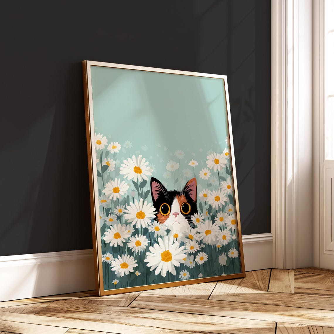 Calico Cat In Daisies Pastel Floral Print Cute Wall Art Minimalist Poster