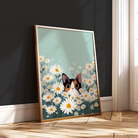 Calico Cat In Daisies Pastel Floral Print Cute Wall Art Minimalist Poster