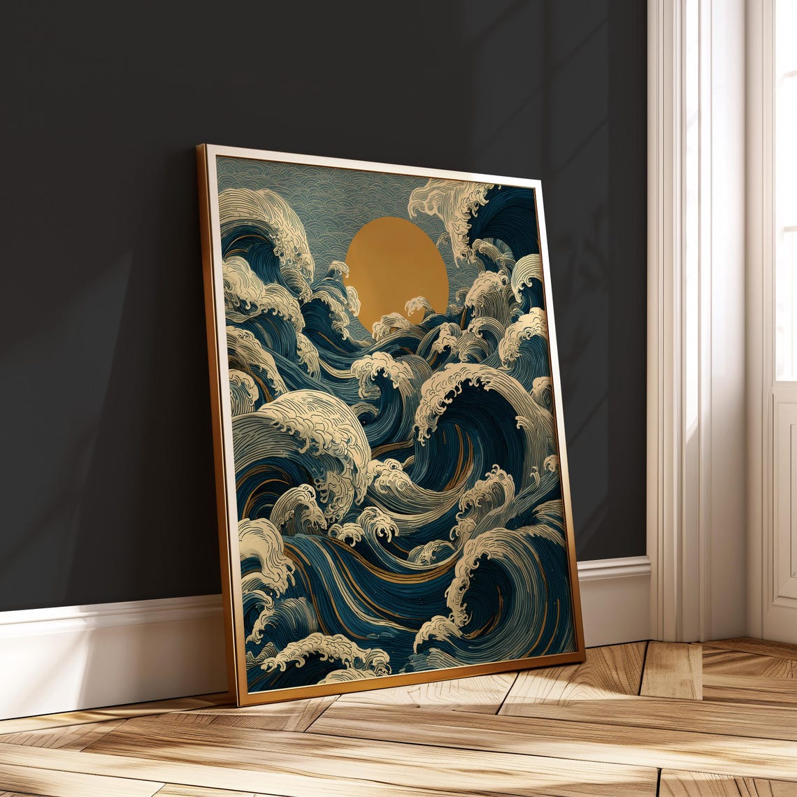Japanese Wave Sun Print Ocean Zen Wall Art Poster Vintage Rising Blue Line Artwork