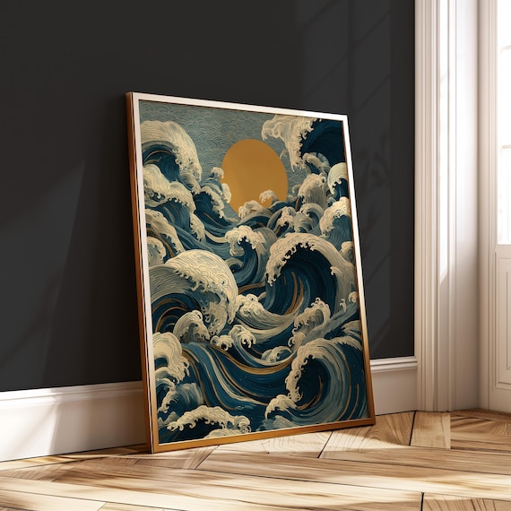 Japanese Wave Sun Print Ocean Zen Wall Art Poster Vintage Rising Blue Line Artwork