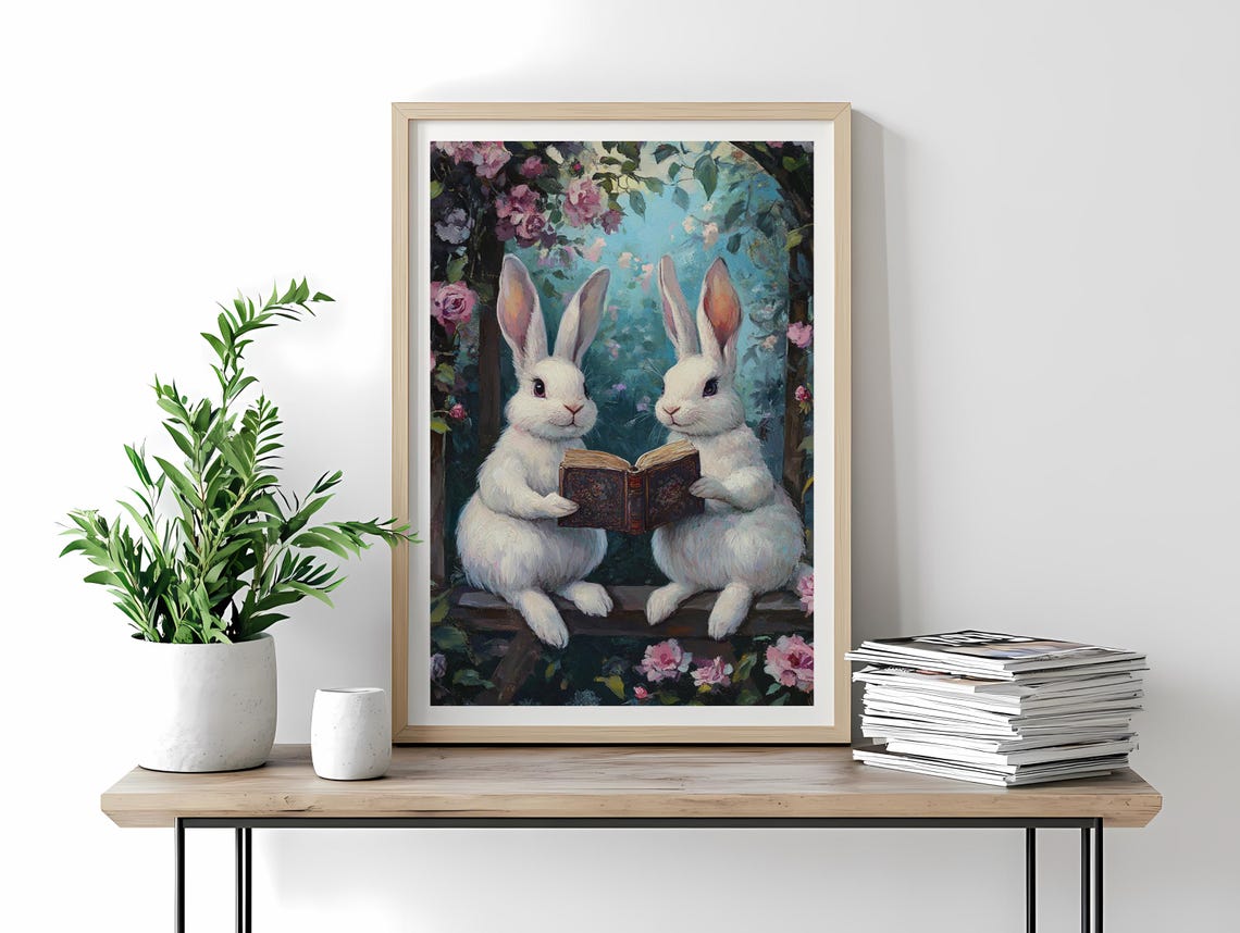 White Bunnies Reading Book Rose Arbor Romantic Floral Art Poster