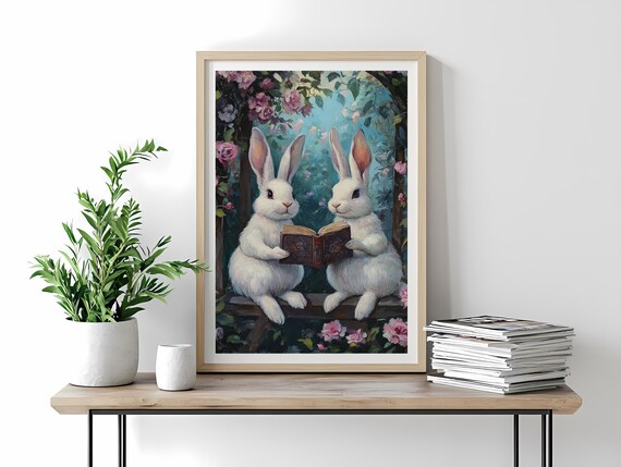 White Bunnies Reading Book Rose Arbor Romantic Floral Art Poster