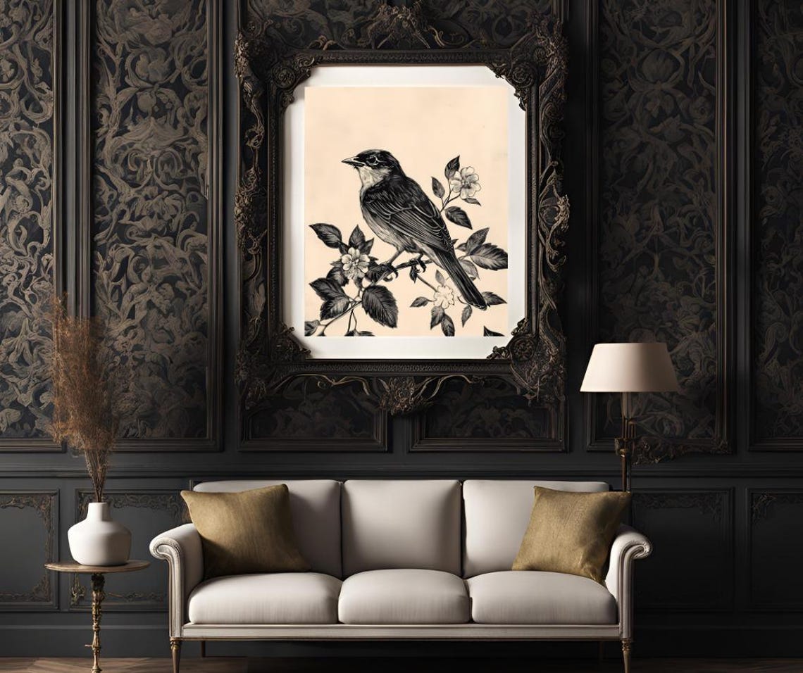 Vintage Songbird Perched On Flowering Branch Engraving Art Poster - Image 3
