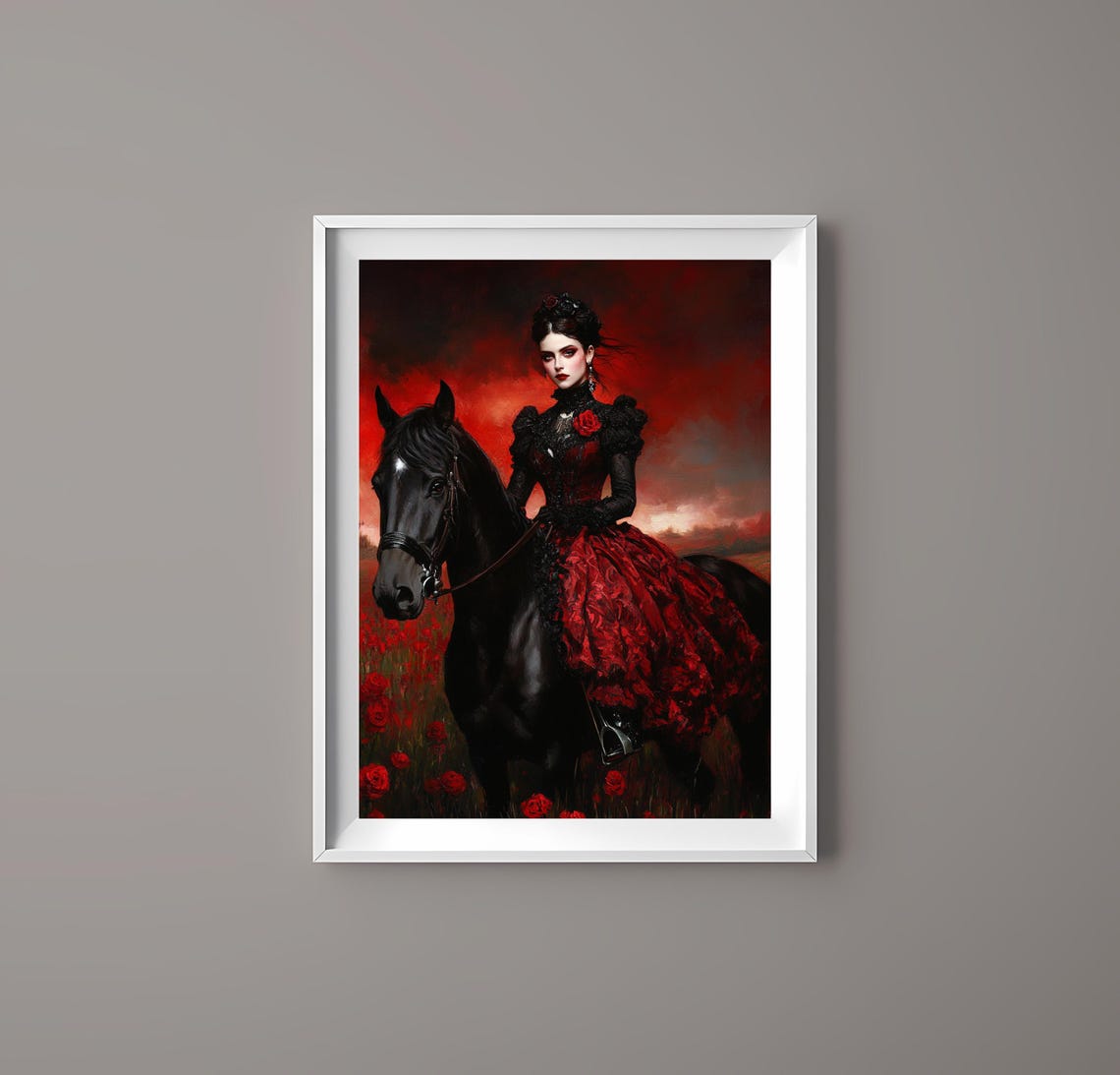 Gothic Lady On Horseback Dramatic Red And Black Illustration Dark Romantic Wall Art Unique Gift For Fantasy Lovers - Image 3