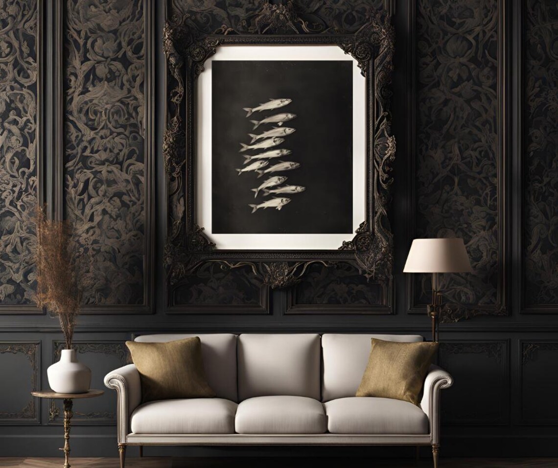 School of Fish Silhouettes on Black Vintage Nautical Art Poster - Image 3