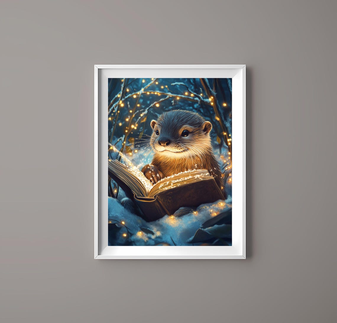 Magical Otter Reading Glowing Book in Snowy Winter Forest Poster - Image 2