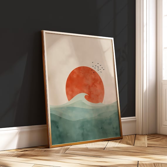 Japandi Ocean Wave Art Rising Sun Minimalist Print Zen Sea Landscape
