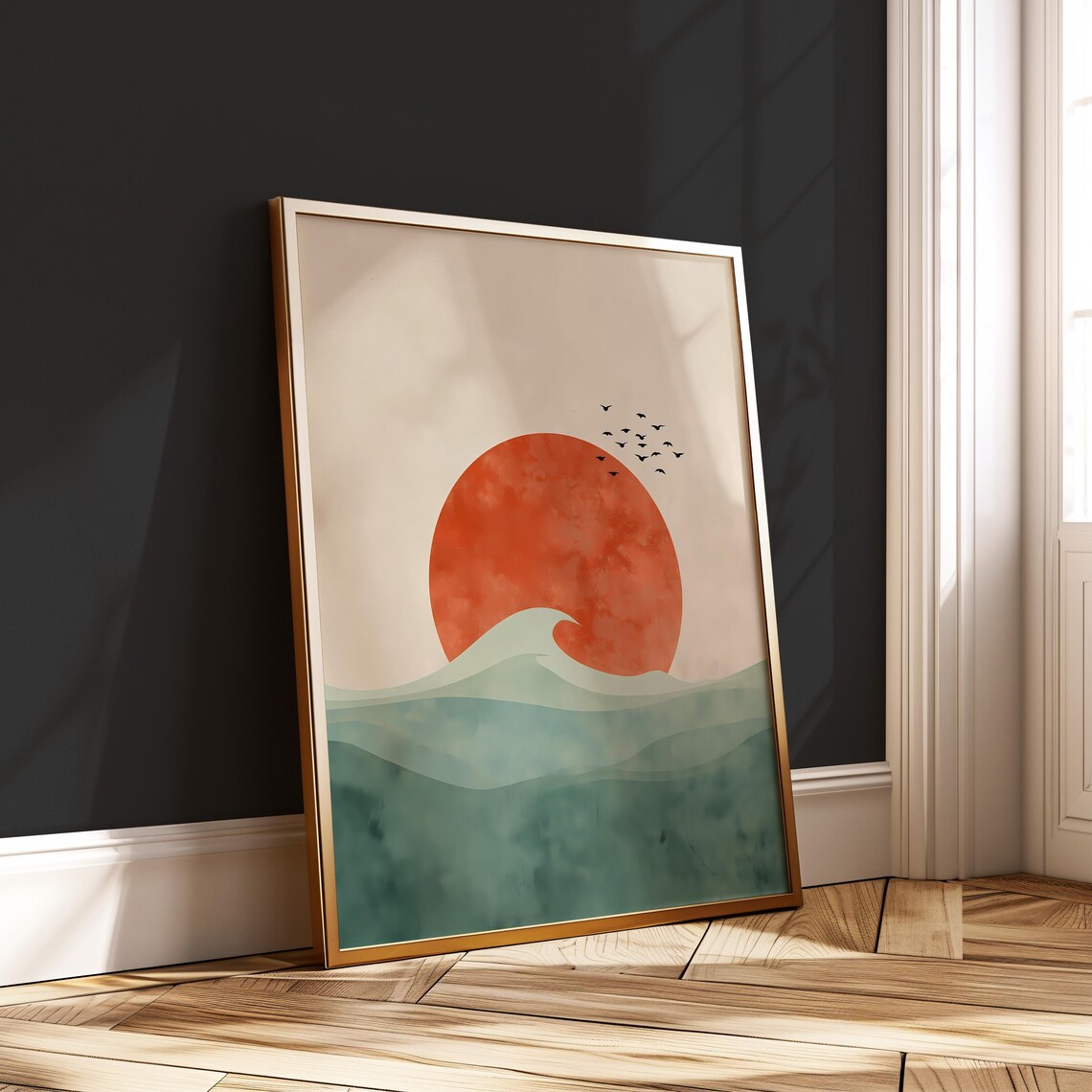 Japandi Ocean Wave Art Rising Sun Minimalist Print Zen Sea Landscape