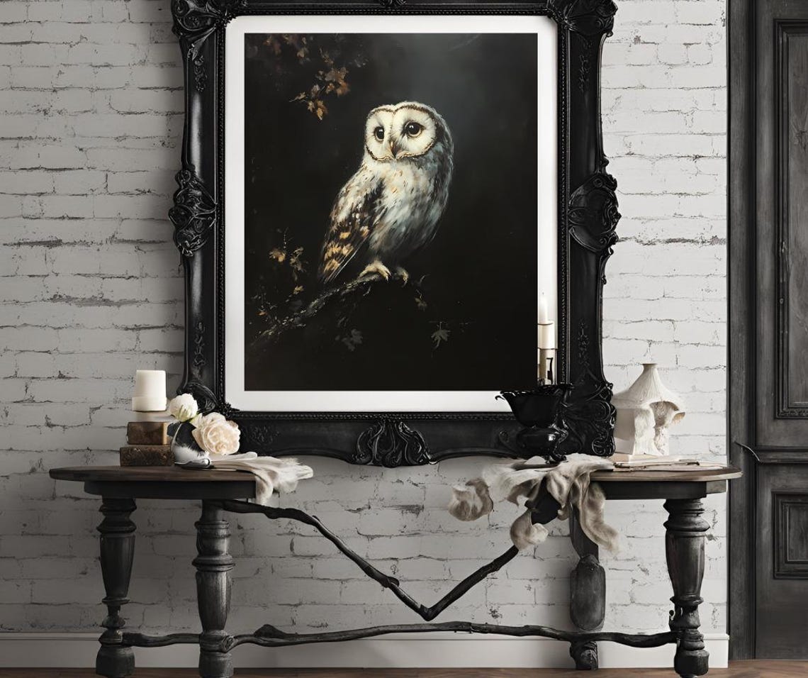 White Owl Perched on a Branch Dark Antique Painting Style Poster - Image 4