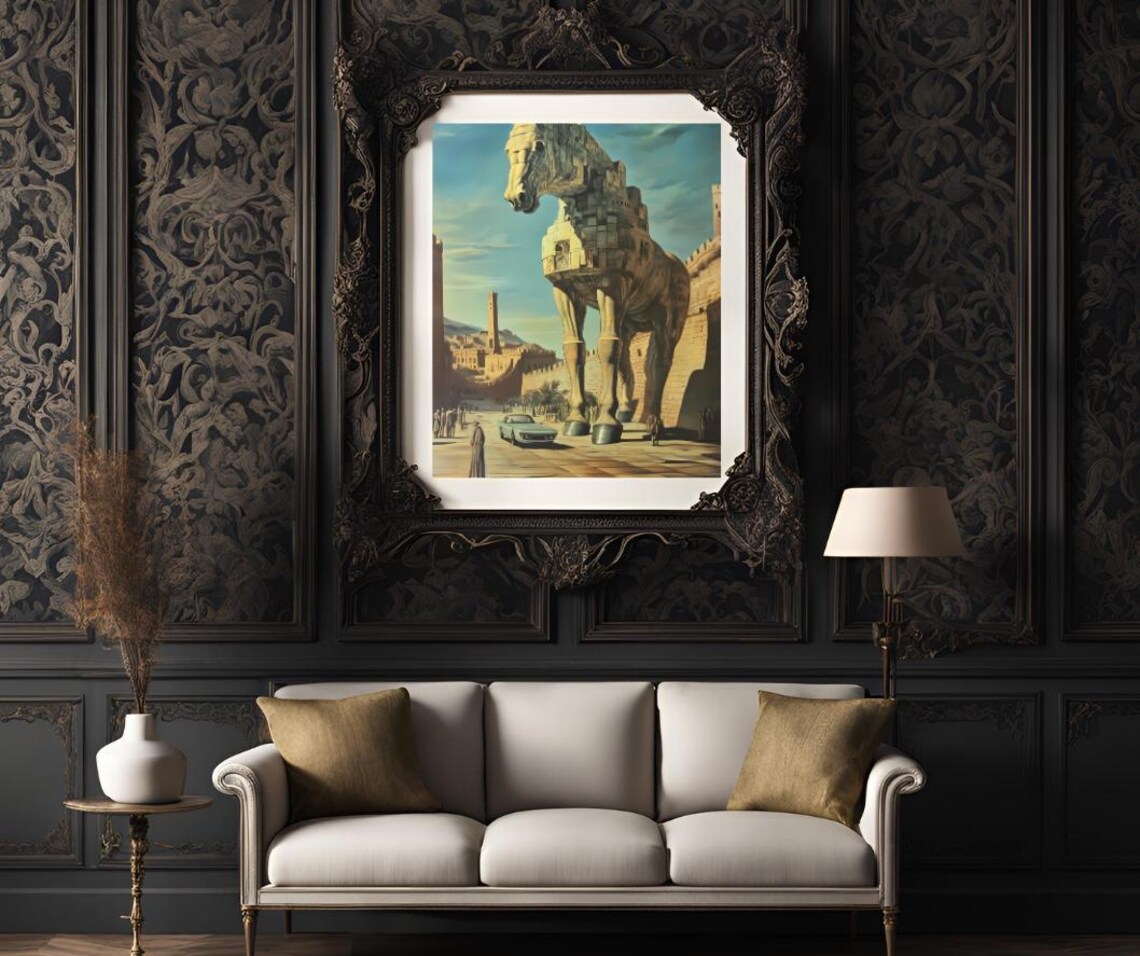 Giant Trojan Horse in a Surreal Ancient Walled City Art Poster - Image 3