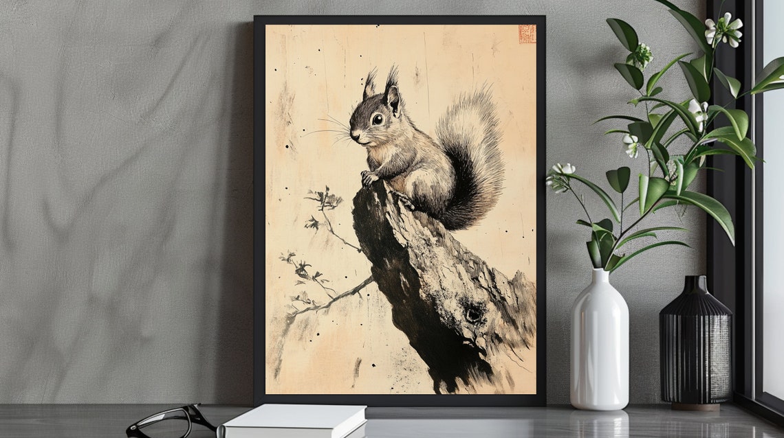 Minimalist Japanese Ink Squirrel Art Print Zen Animal Wall Decor Natureinspired Home