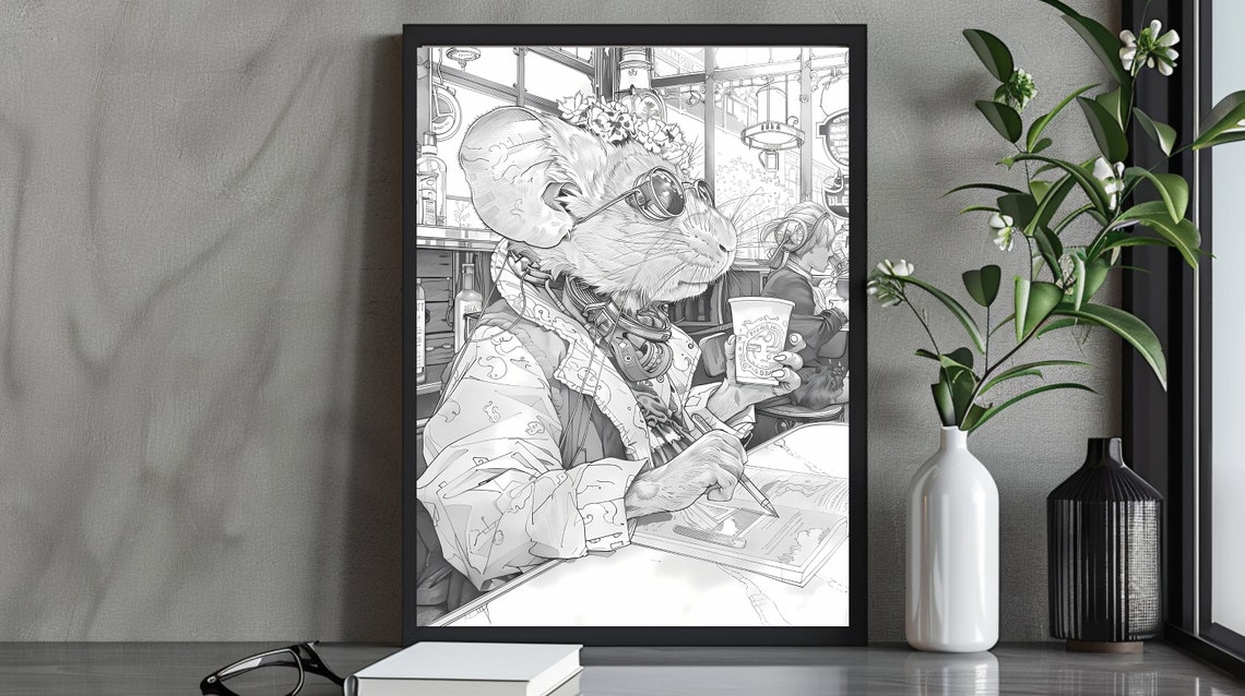 Mouse in Glasses Drinking Coffee at Cafe Line Art Drawing Poster