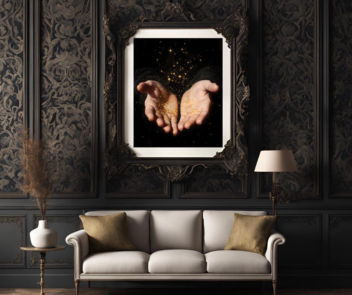 Two Open Hands Holding Golden Stardust Celestial Mystical Art Poster - Image 4