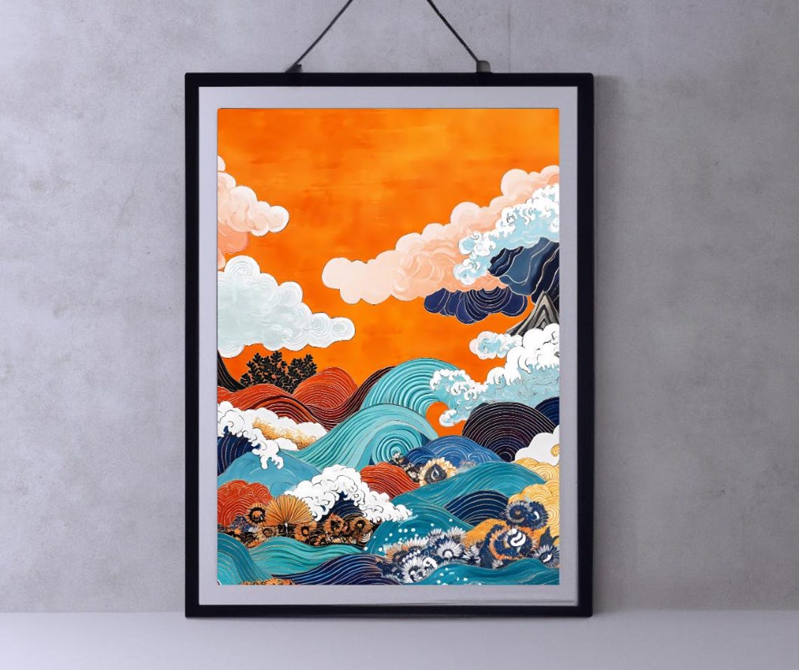 Japanese Ukiyo-e Style Wave Art With a Glowing Orange Sky Poster