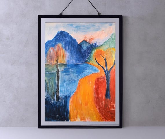 Abstract Colorful Landscape Art Vibrant Mountain And Lake Painting Modern Wall Decor Instant Png File