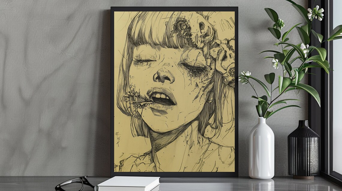 Macabre Girl Portrait Dark Line Art Horror Gothic Sketch Wall Poster