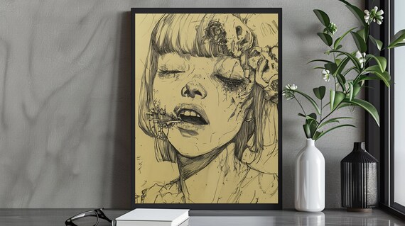 Macabre Portrait Of A Girl Dark Line Art Horrorinspired Gothic Wall Print