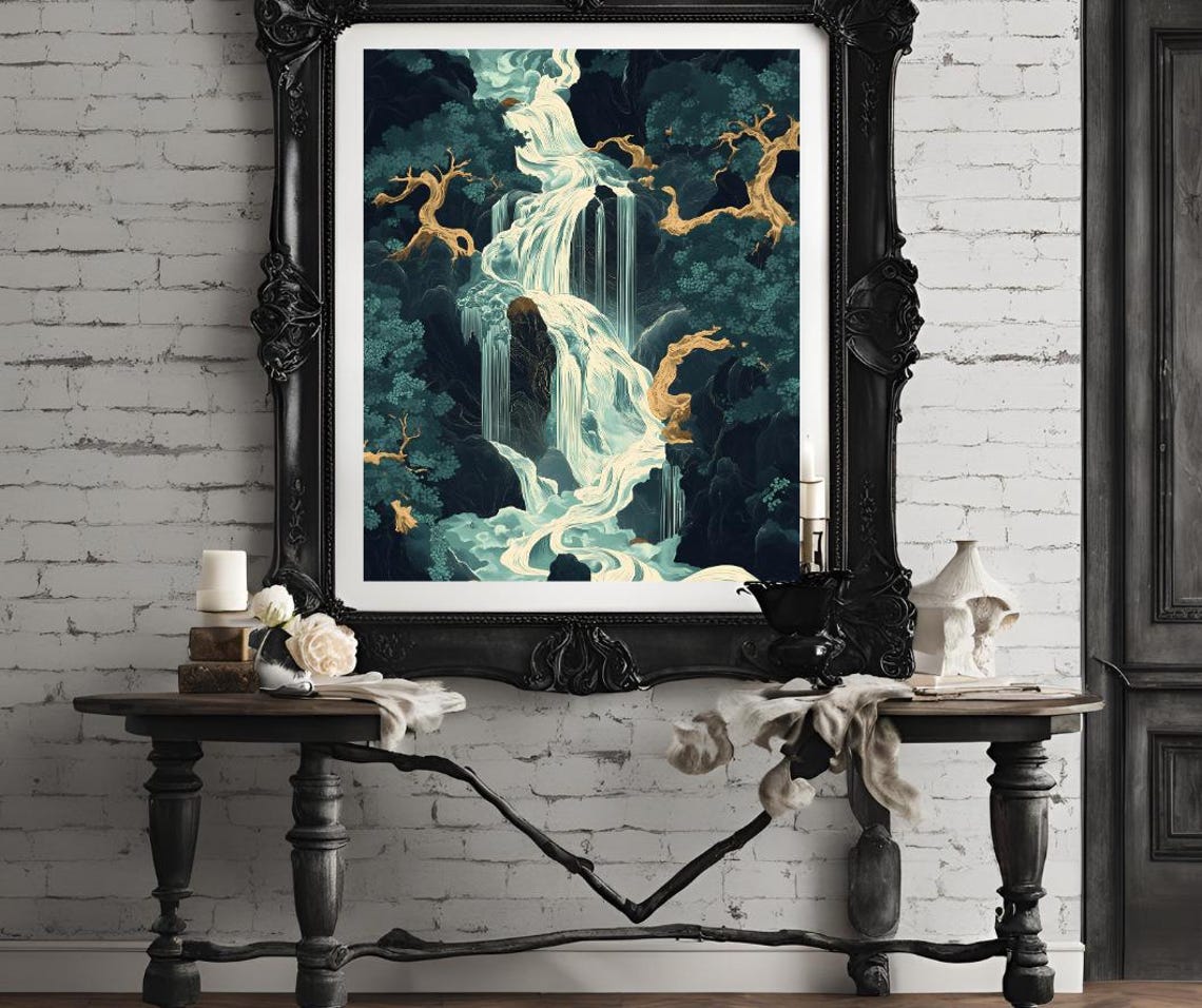 Hokusai Ukiyo E Japanese Waterfall Wall Art Landscape Poster Print Blue Green Japanese Home Decor - Image 4