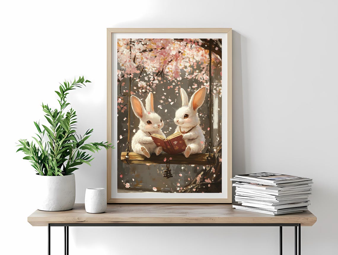 Two White Bunnies Reading on a Swing Under Cherry Blossoms Poster