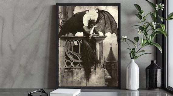 Victorian Vampire Bat Woman Gothic Illustration Print Dark Decor Moody Wall Art Vintage Witchcraft Goddess