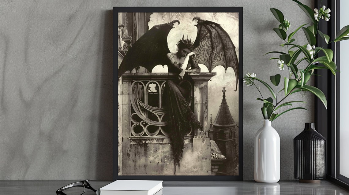 Victorian Vampire Bat Woman Gothic Illustration Print Dark Decor Moody Wall Art Vintage Witchcraft Goddess
