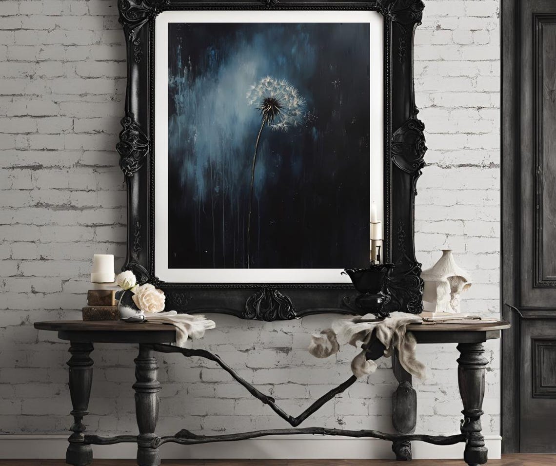 Dandelion With Scattering Seeds on a Dark Blue Moody Art Poster - Image 4