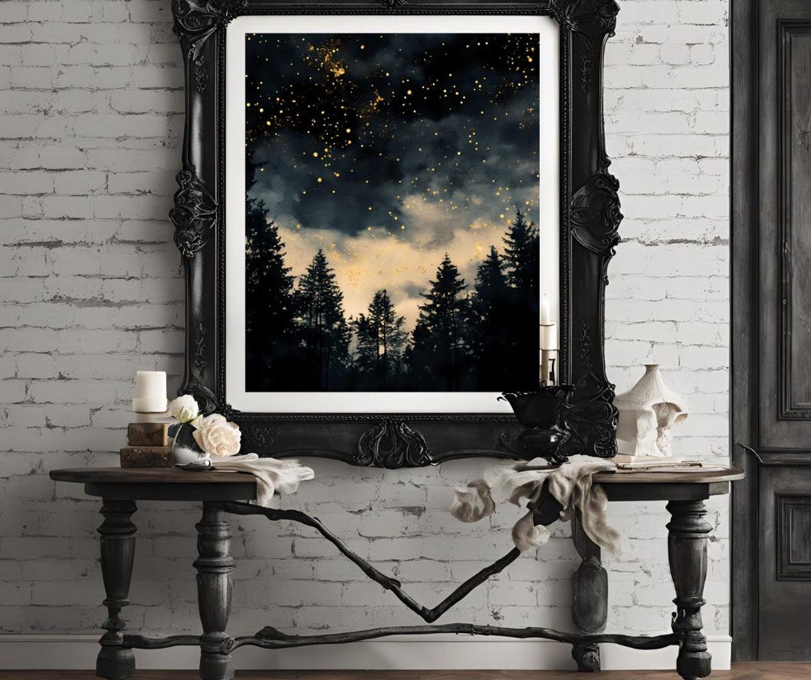 Golden Starry Sky Over Pine Forest Silhouettes Night Clouds Poster - Image 4