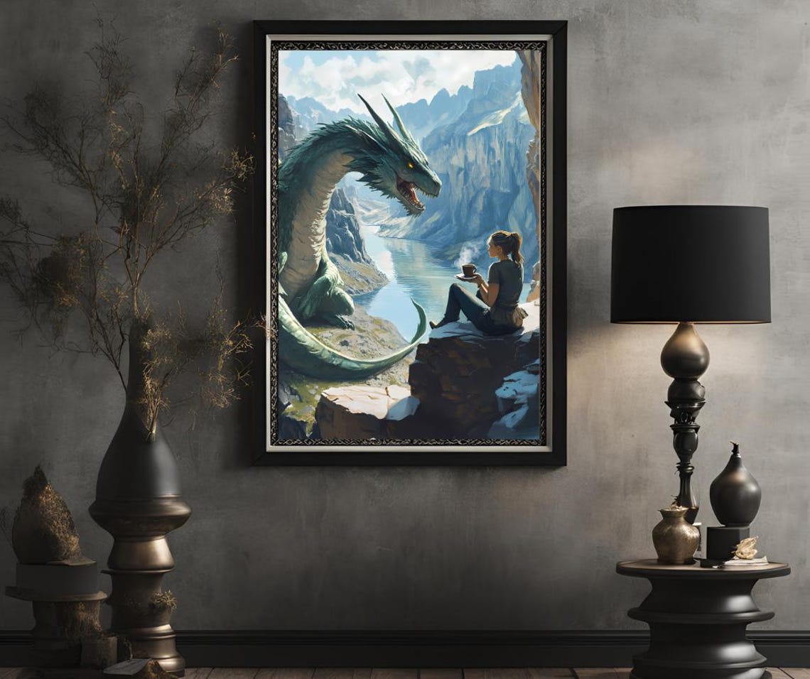 Fantasy Dragon Encounter Art Woman With Coffee And Green Dragon Epic Scenic Wall Decor Gift For Fantasy Lovers - Image 2
