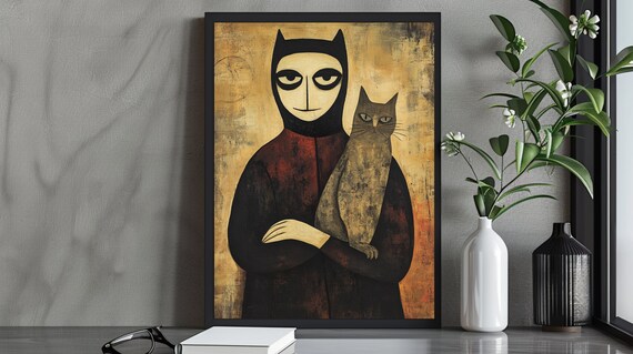 Stylized Woman Holding Cat Primitive Folk Art Gold Portrait Poster