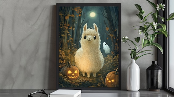 Cute Halloween Llama Illustration Whimsical Animal Art Print Decor Cozy Kids Room Wall