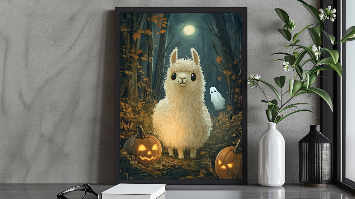 Cute Llama Halloween Pumpkins Ghost Spooky Night Animal Art Poster