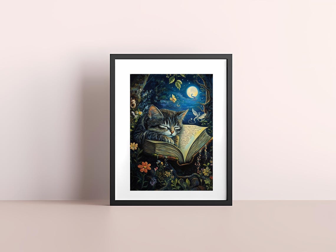 Dreamy Tabby Cat Sleeping Peacefully on a Magical Open Book Poster