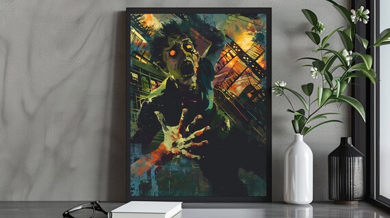 Zombie Horror Art Poster with Glowing Eyes Burning City Apocalypse Scene