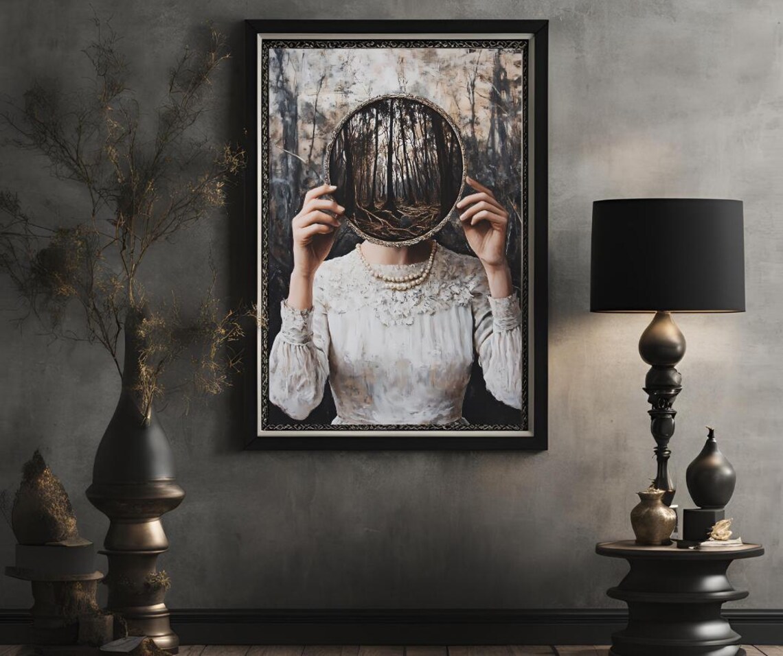 Eerie Victorian Woman Holding Round Mirror Reflecting Forest Dark Poster - Image 2