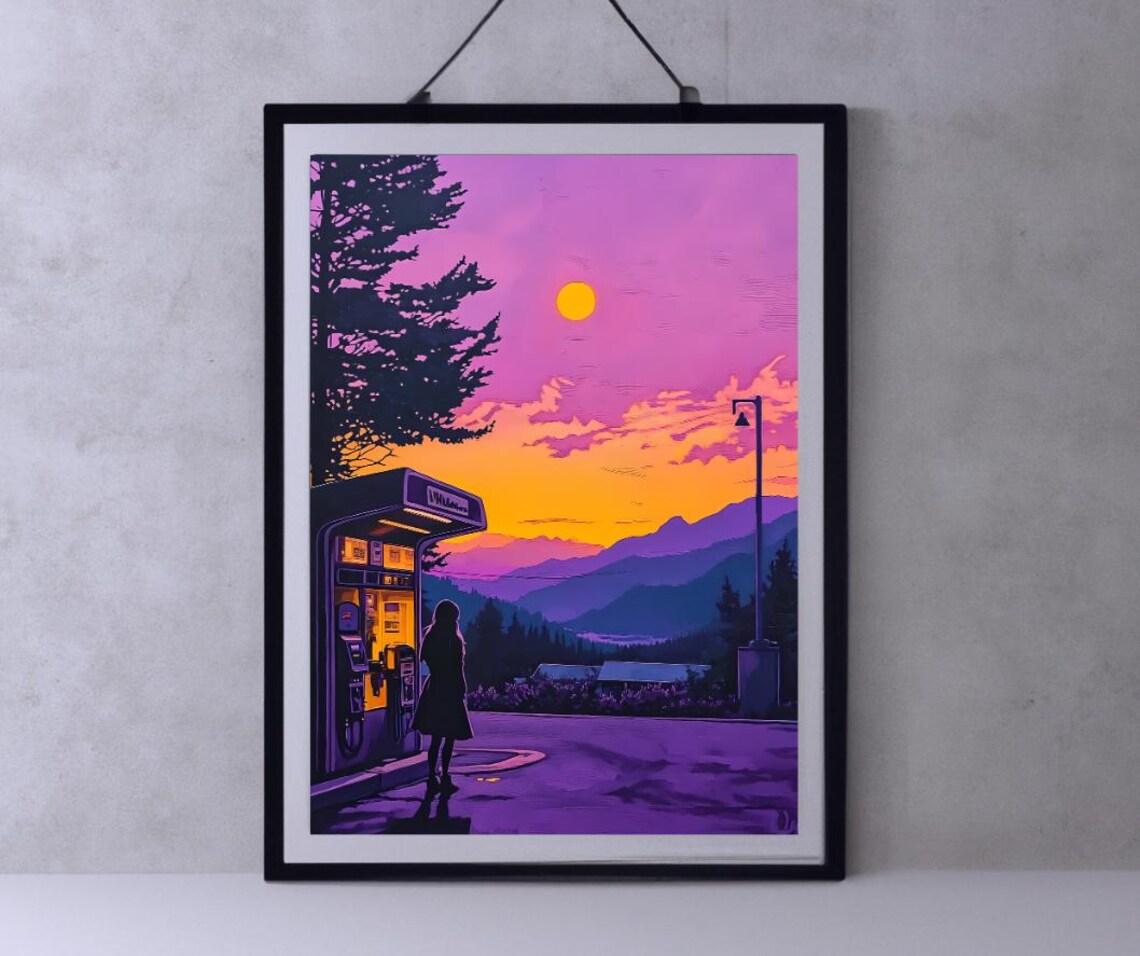 Retro Gas Station at Sunset in Dreamy Purple and Orange Tones Poster