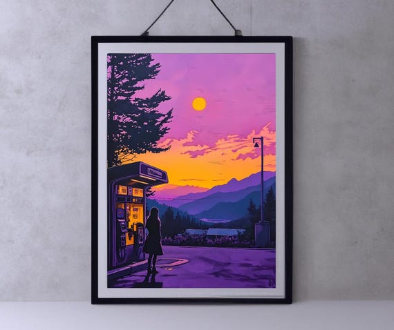 Vibrant Gas Station Sunset Art Purple And Orange Scenic Landscape Dreamy Wall Decor Gift For Art Lovers