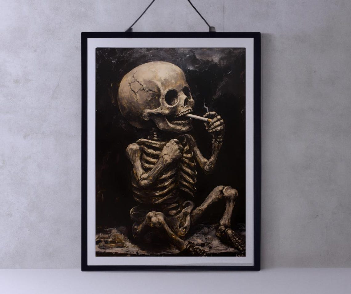 Van Gogh Print Skull Of A Skeleton With Burning Cigarette Moody Dark Academia Print Dark Wall Art Skull Art Print Gothic Wall Art
