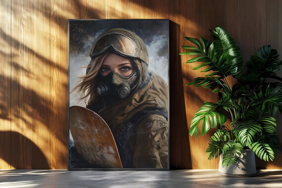 Apocalyptic Masked Snowboarder Gas Mask Goggles Futuristic Art Poster