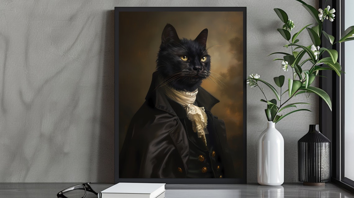 Dapper Black Cat Gentleman in a Dark Coat Victorian Portrait Poster