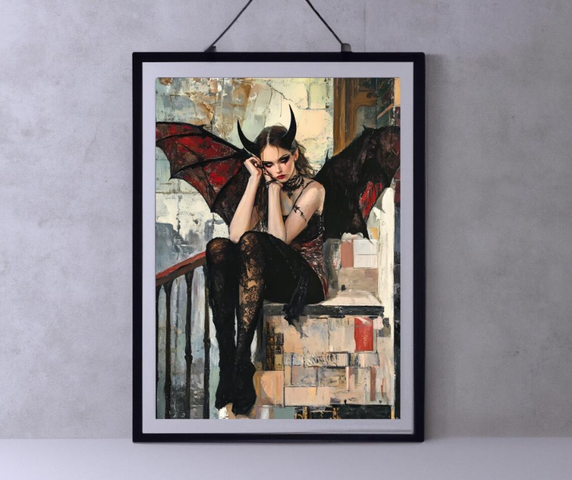 Gothic Demon Woman Red Winged Dark Fantasy Portrait Art Print