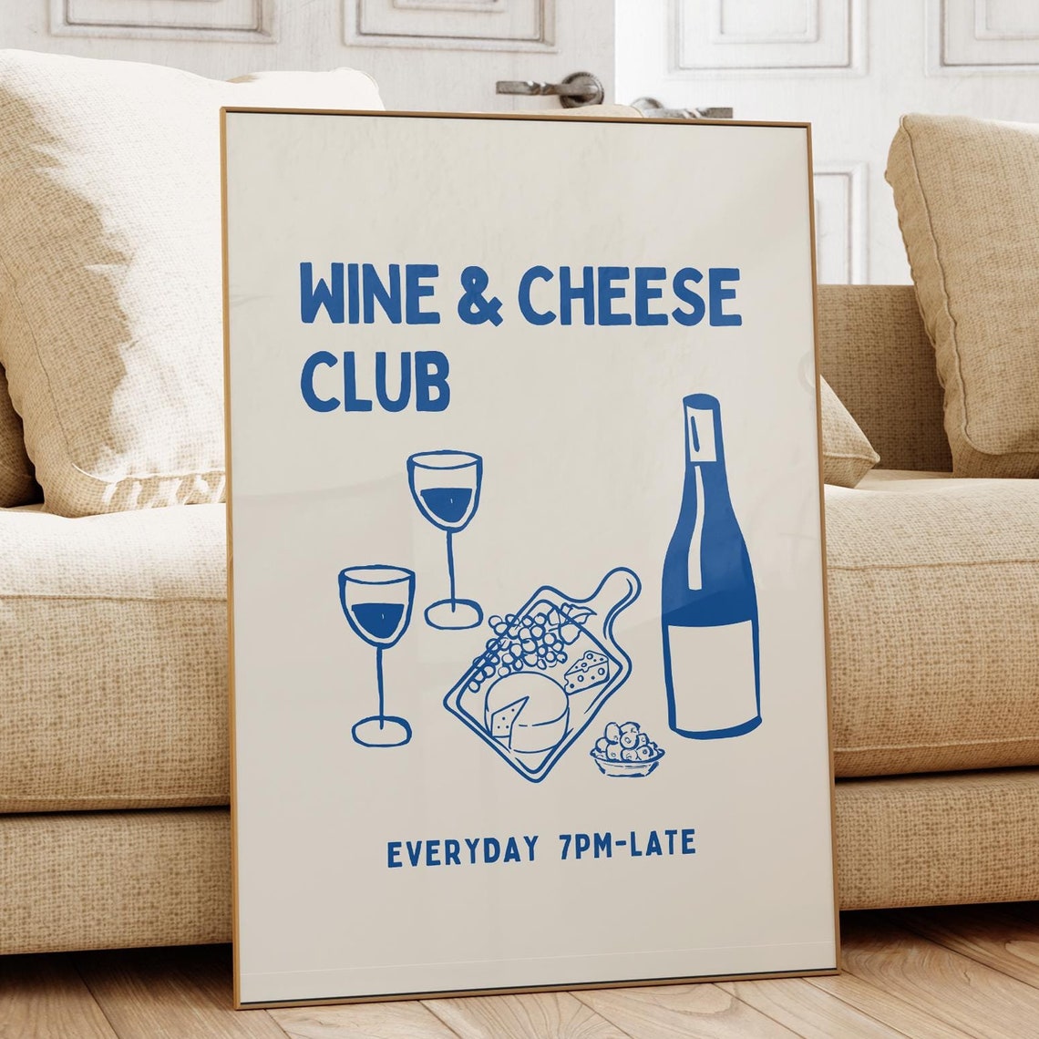 Wine and Cheese Club Blue Minimalist Illustration Kitchen Poster