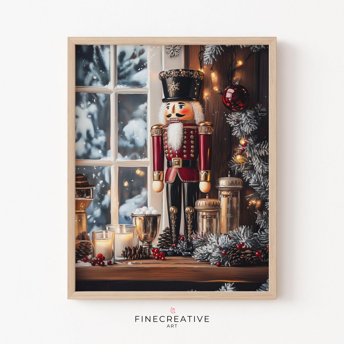 Christmas Nutcracker Soldier by Snowy Window Candlelight Poster