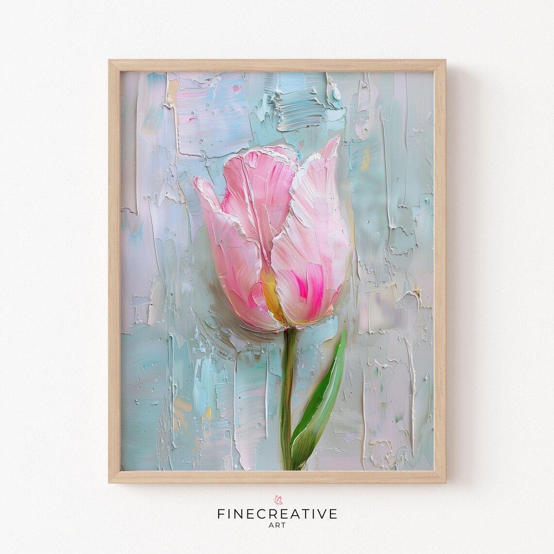 Pink Tulip Impasto Oil Painting Pale Soft Blue Background Poster